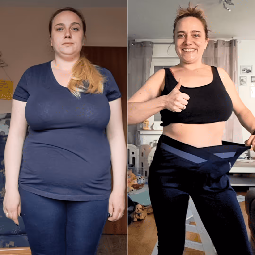 Frau zeigt stolz ihr Vorher-nachher-Ergebnis nach 24,4 kg Gewichtsverlust – sichtbarer Erfolg durch regelmäßige Mahlzeiten und angepasste Ernährung.