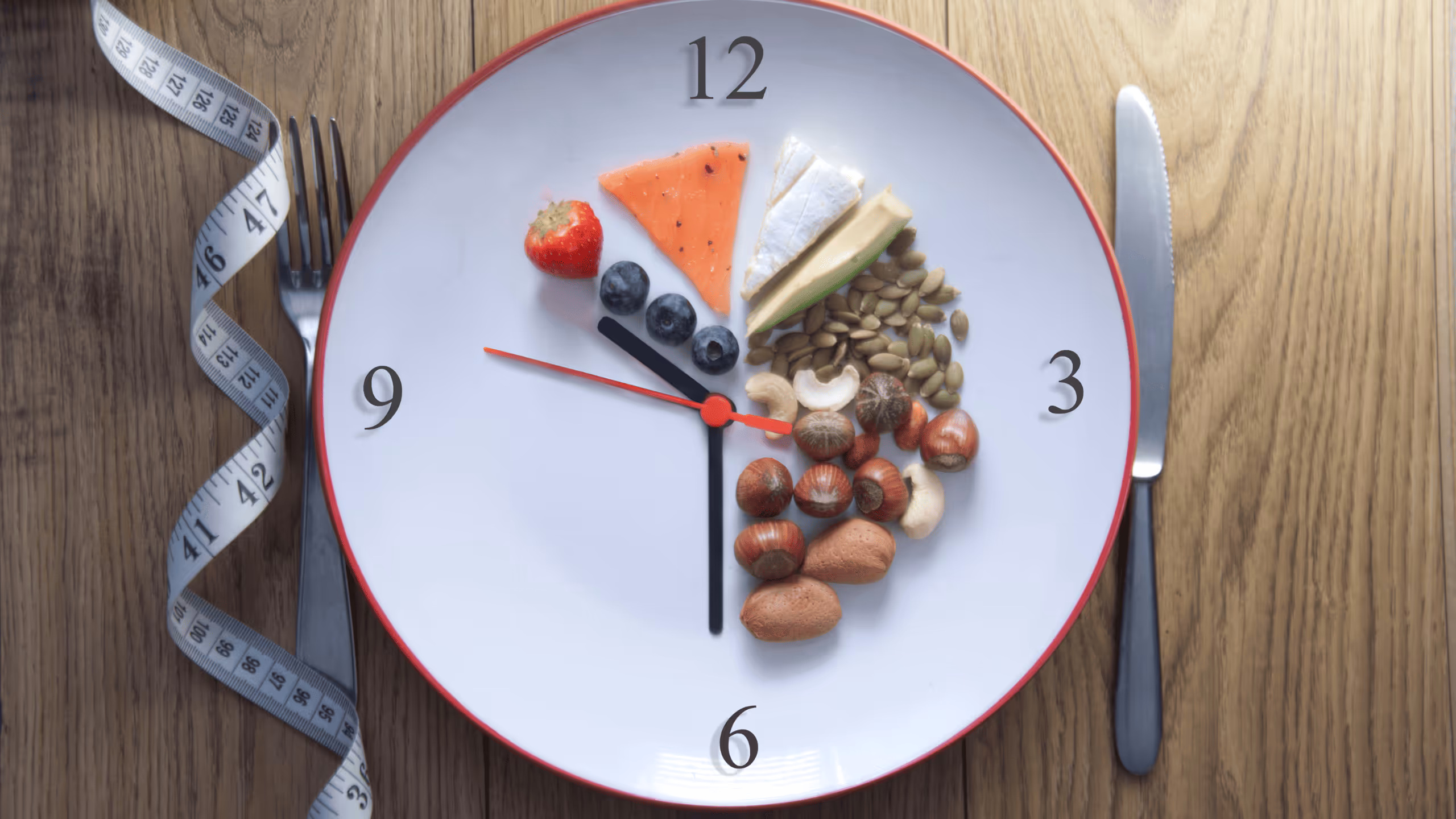 Symbolisches Bild einer Uhr mit Lebensmitteln – steht für Intervallfasten und den Einfluss von Mahlzeitenzeiten auf den Stoffwechsel.