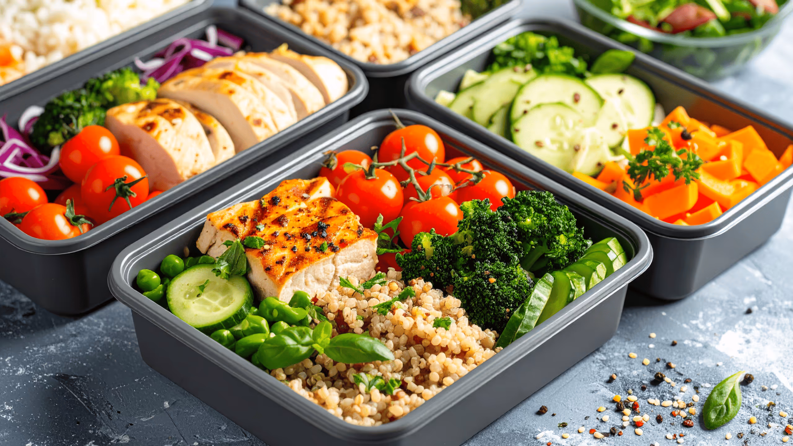 Meal Prep Boxen mit Gemüse, Reis und Hähnchen – perfekte Vorbereitung für eine strukturierte Mahlzeitenfrequenz im Alltag.