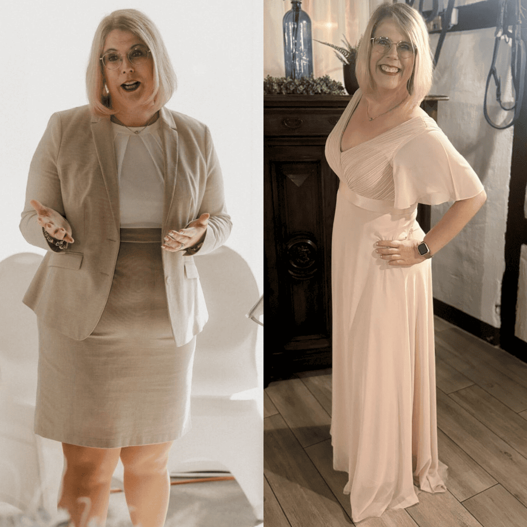 Frau zeigt ihr beeindruckendes Vorher-Nachher-Ergebnis nach 20 kg Gewichtsabnahme – sichtbare Veränderung durch Ernährung, Bewegung und gezielte Nahrungsergänzungsmittel.