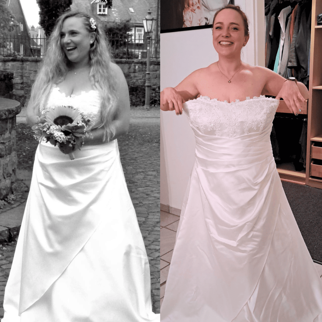Vorher-nachher-Foto einer Frau im Hochzeitskleid, die durch die Körperverwandlung sichtbar Gewicht verloren hat und nun stolz in ihr zu großes Kleid schlüpft.