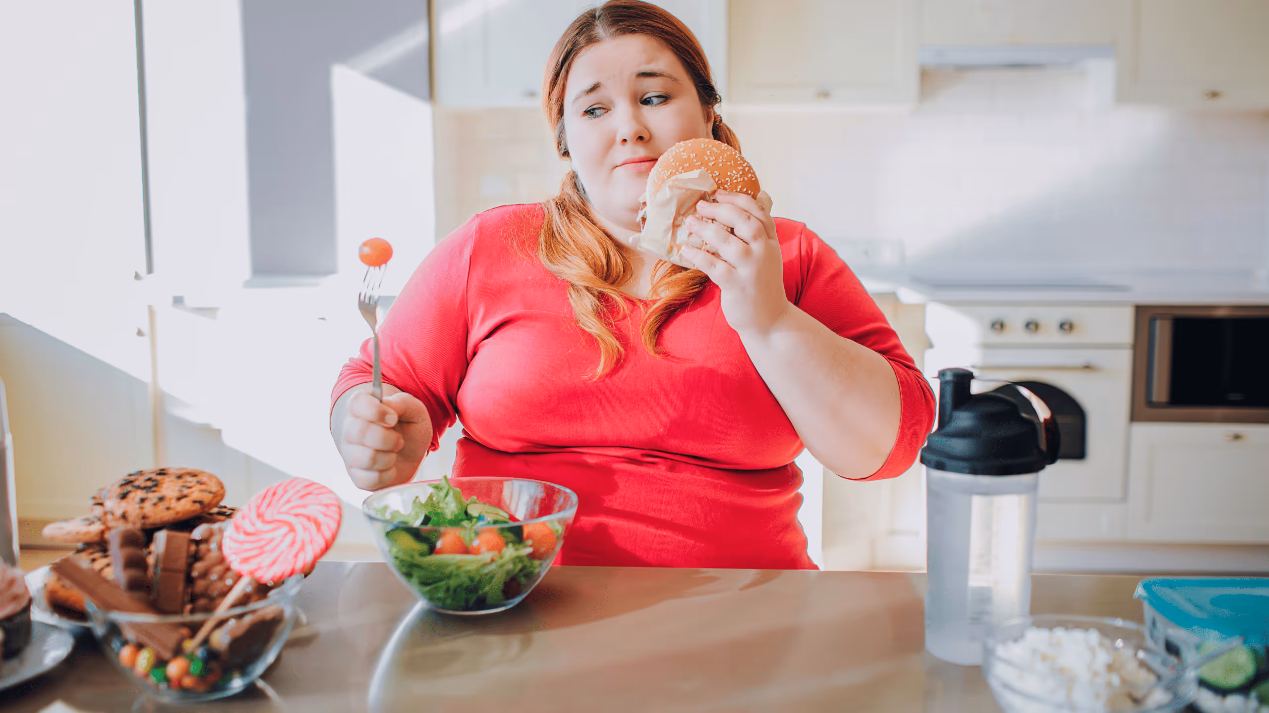 Eine Frau sitzt nachdenklich vor einem Tisch mit ungesundem Essen und Salat und ringt mit sich zwischen Lust und Vernunft – ein Symbol für emotionales Essen und innere Konflikte beim Abnehmen.