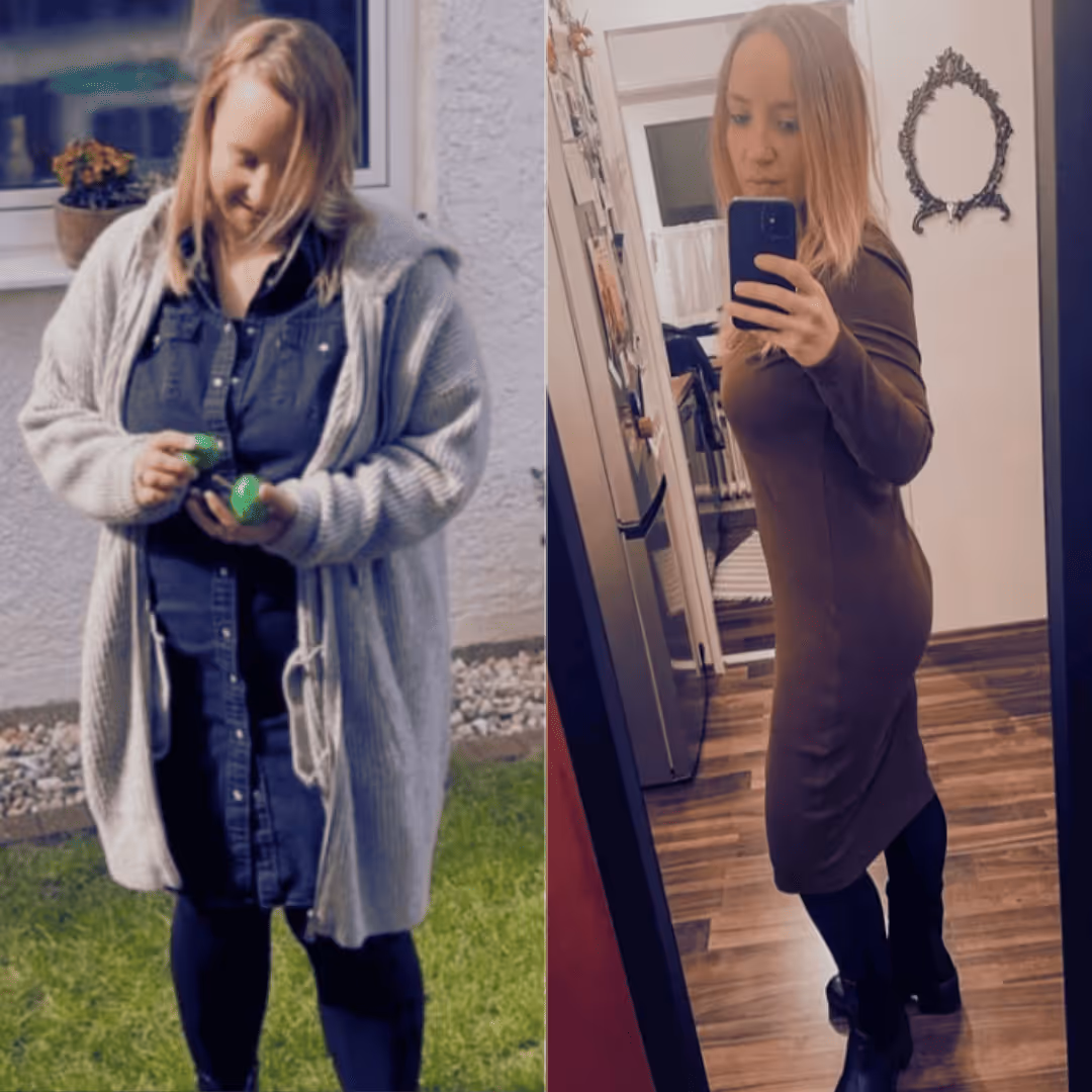 Vorher-nachher-Foto einer Frau, die durch die Körperverwandlung -20 kg sichtbar abgenommen und neue Lebensfreude gewonnen hat.