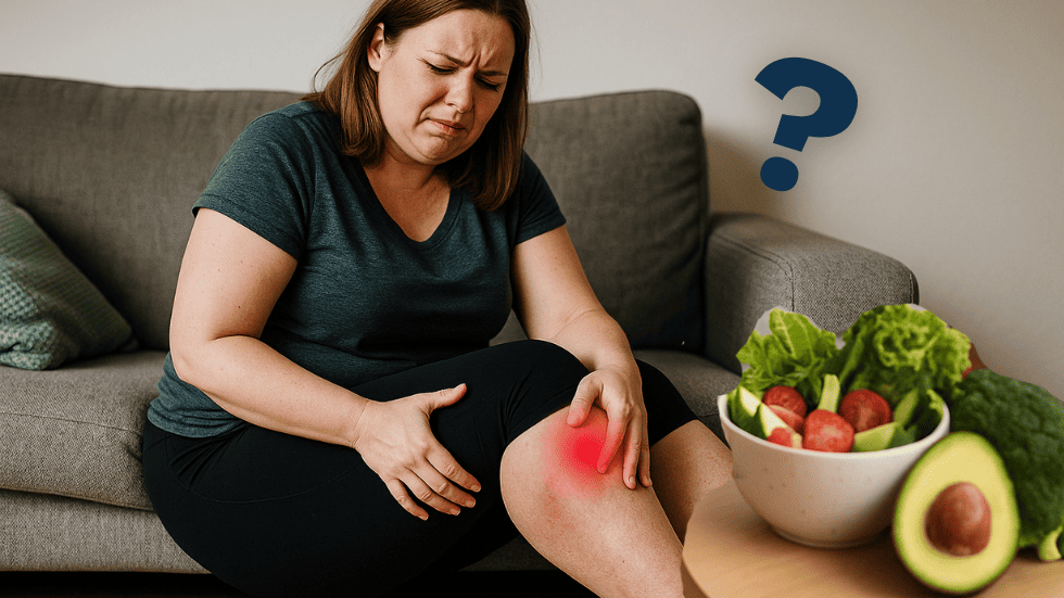 Frau mit Lipödem sitzt auf dem Sofa und hält ihre schmerzenden Beine – Symbolbild für die körperlichen Belastungen und den Einfluss von Ernährung beim Lipödem.