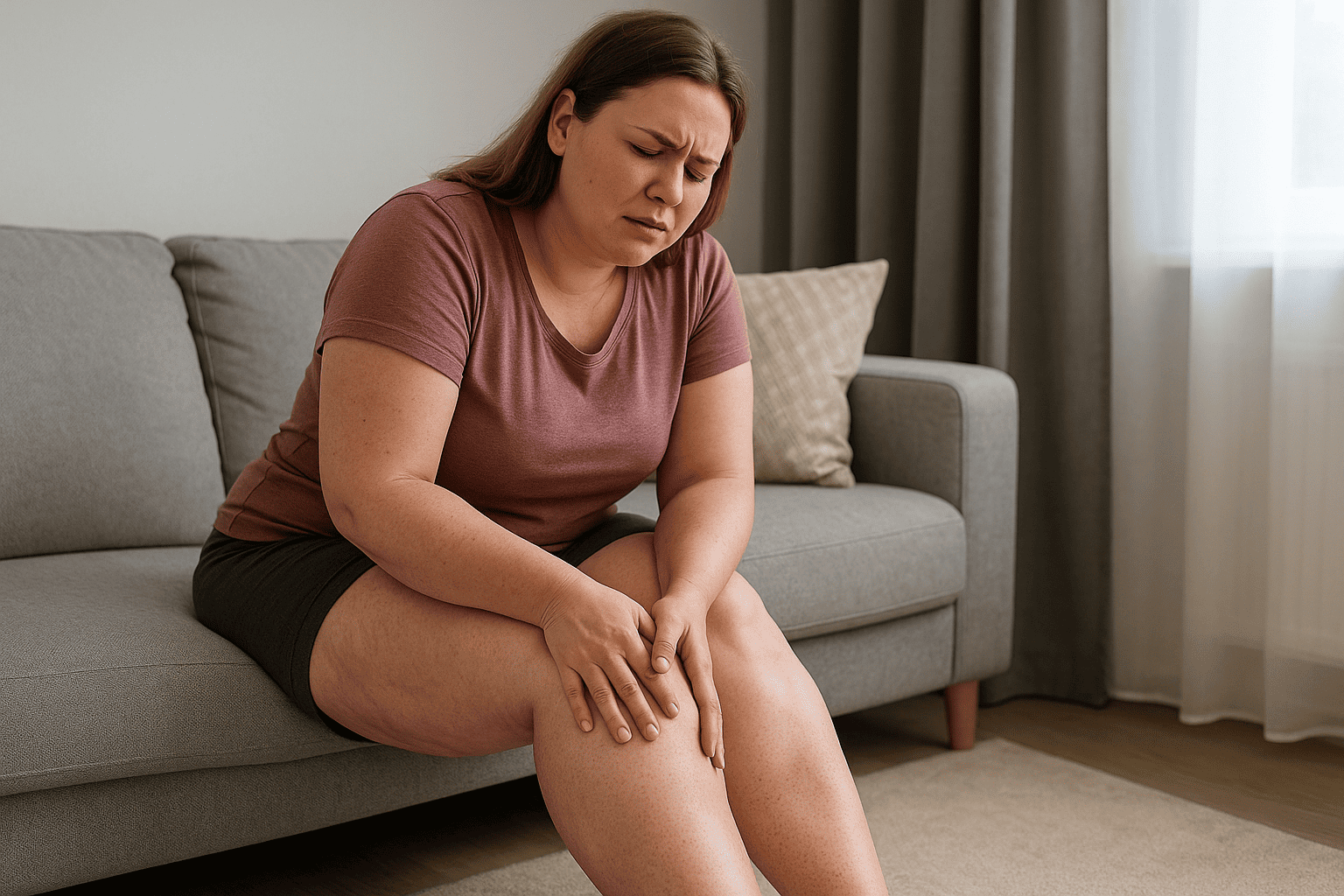 Frau mit Lipödem hält ihre schmerzenden Beine – Symbolbild für Lipödem-Beschwerden und den Einfluss von Ernährung Lipödem