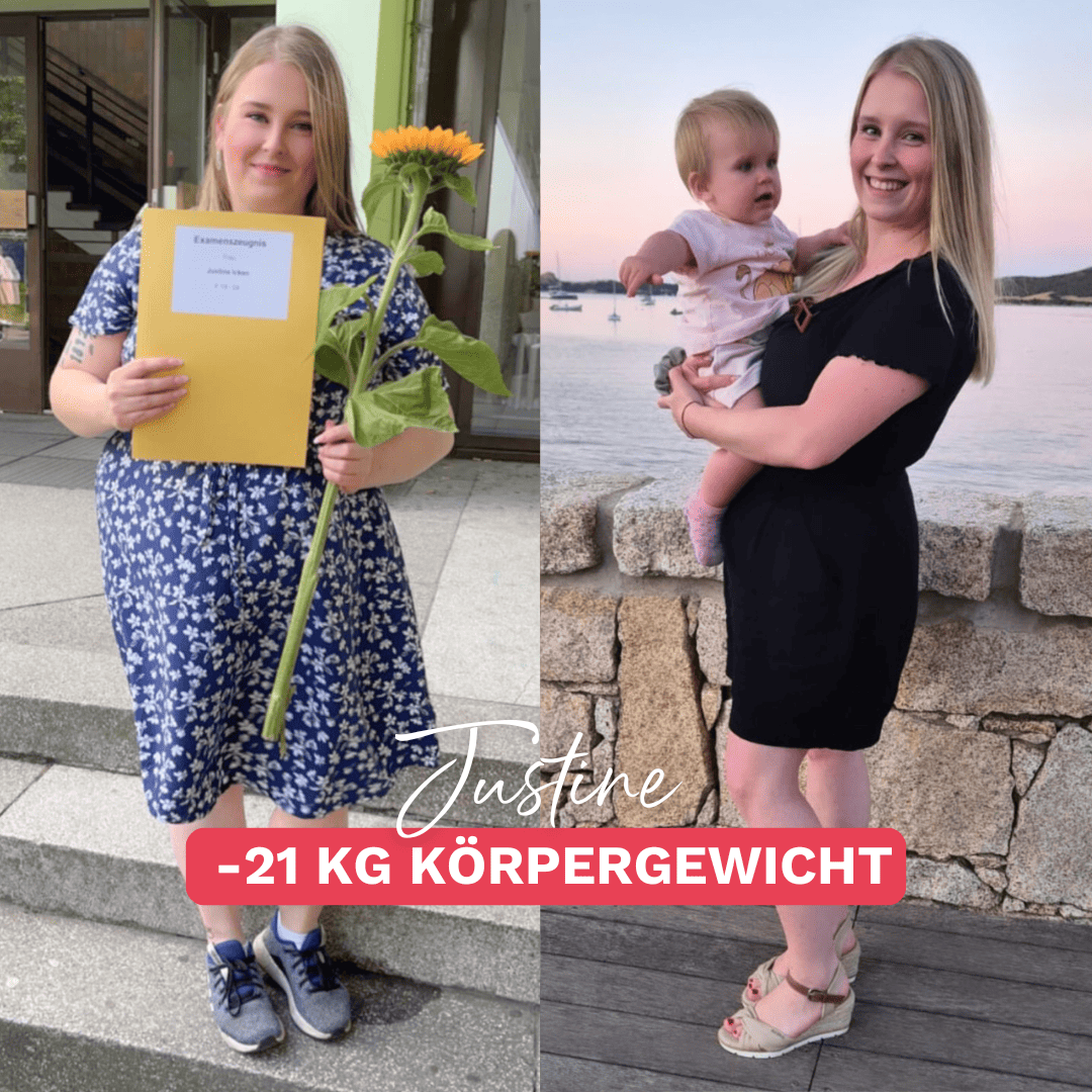 Justine nach 20 kg abnehmen – vom Abschlussfoto zur glücklichen, leichteren Mama mit ihrem Kind.