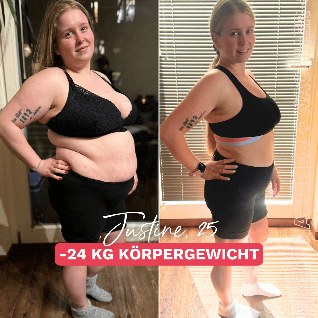 Justine nach minus 24 Kilo Körpergewicht – deutliche Veränderung ihrer Figur und ihres Wohlbefindens.