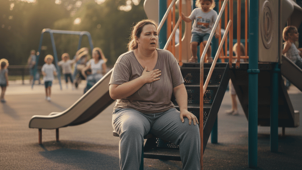 Erschöpfte Mama auf dem Spielplatz, die merkt, dass Übergewicht ihren Alltag belastet