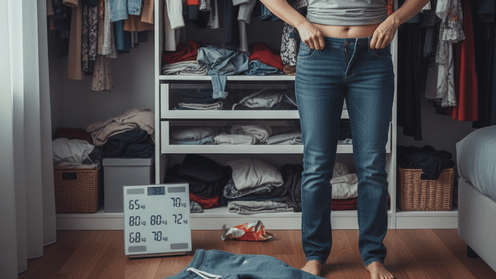 Frau kämpft mit zu enger Jeans und wechselnden Gewichten – Symbol für Jojo-Effekt und Frust.