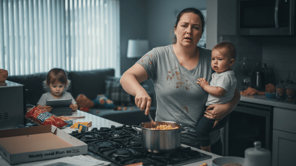 Gestresste Mutter mit Kindern in der Küche – typischer Mama-Alltag voller Chaos und Überforderung