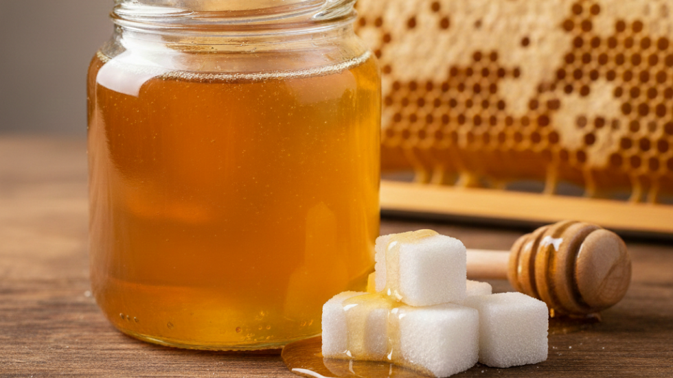 Honigglas und Zuckerwürfel als Symbol für Honig-Mythen und natürliche Zuckerarten im Alltag.