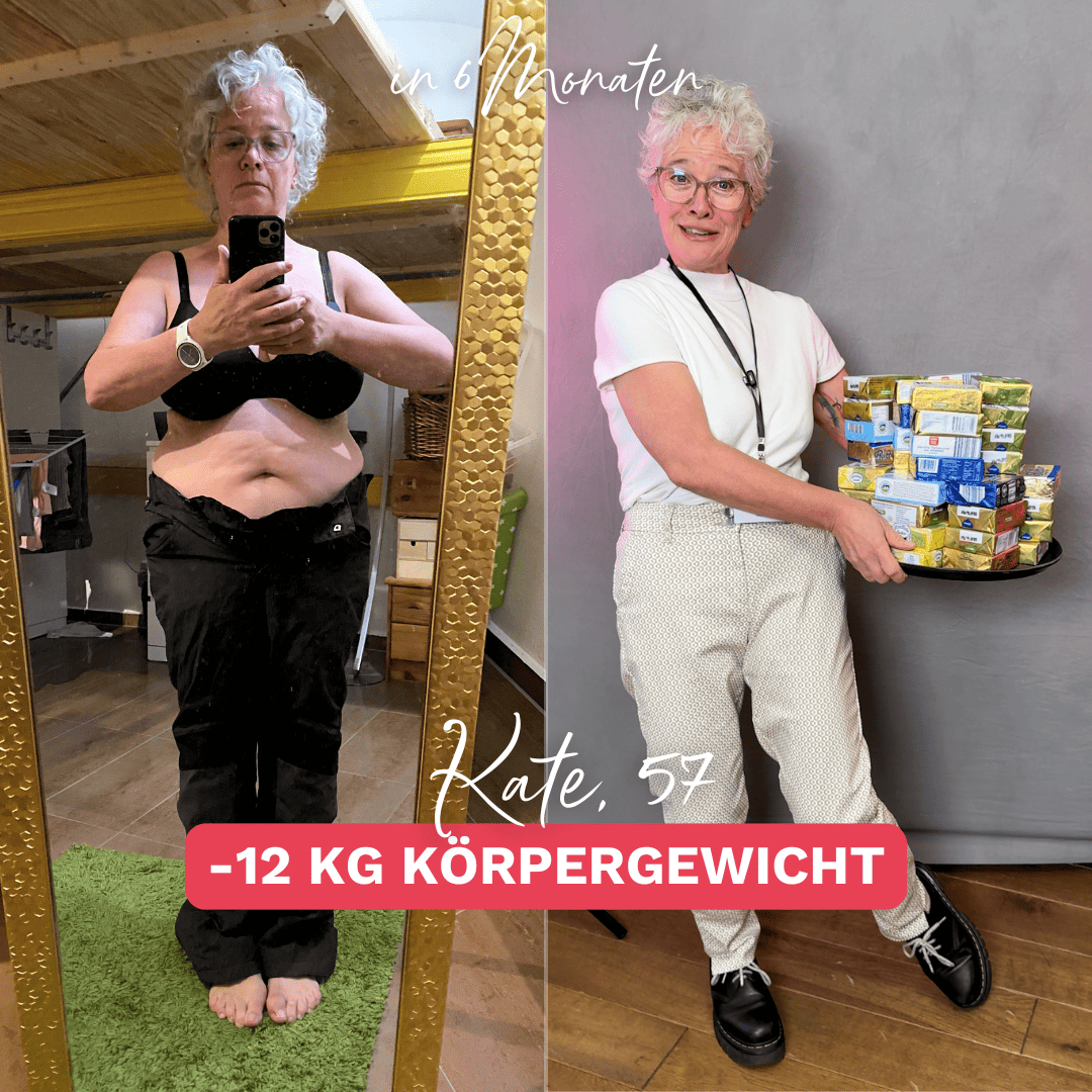 Kate hat 12 kg mit Körperverwandlung verloren und hält ein Tablett voller Butter als Vergleich zu ihrem früheren Gewich
