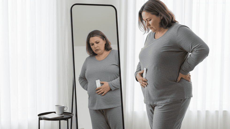 Frau blickt unzufrieden in den Spiegel und hält eine Pillenpackung – Symbol für Gewichtssorgen unter hormoneller Verhütung.