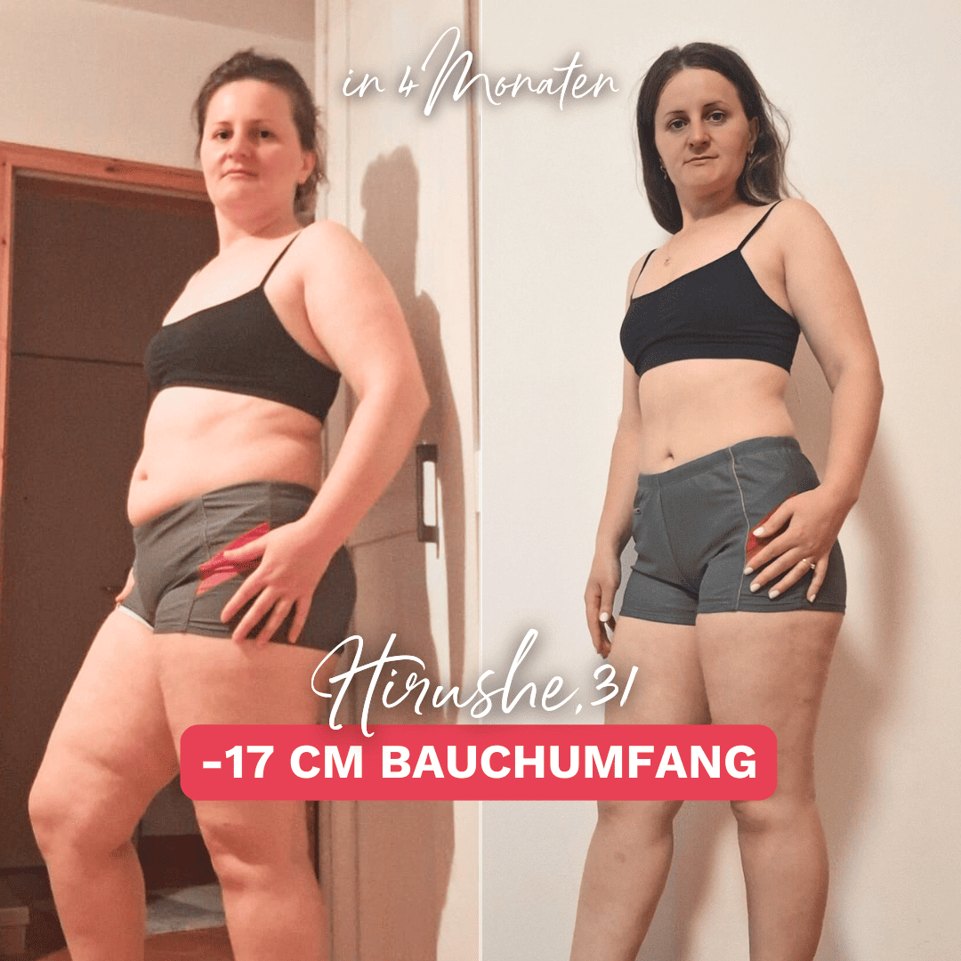 Vorher-Nachher-Ergebnis einer Teilnehmerin mit sichtbar weniger Bauchumfang nach strukturierter Betreuung und angepasster Ernährung.