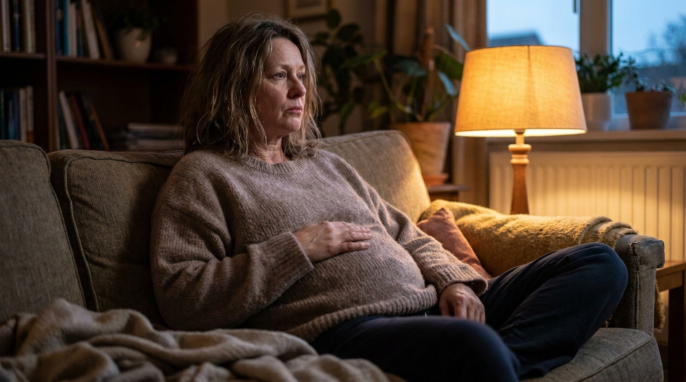 Frau sitzt abends auf dem Sofa und legt die Hand auf ihren aufgeblähten Bauch