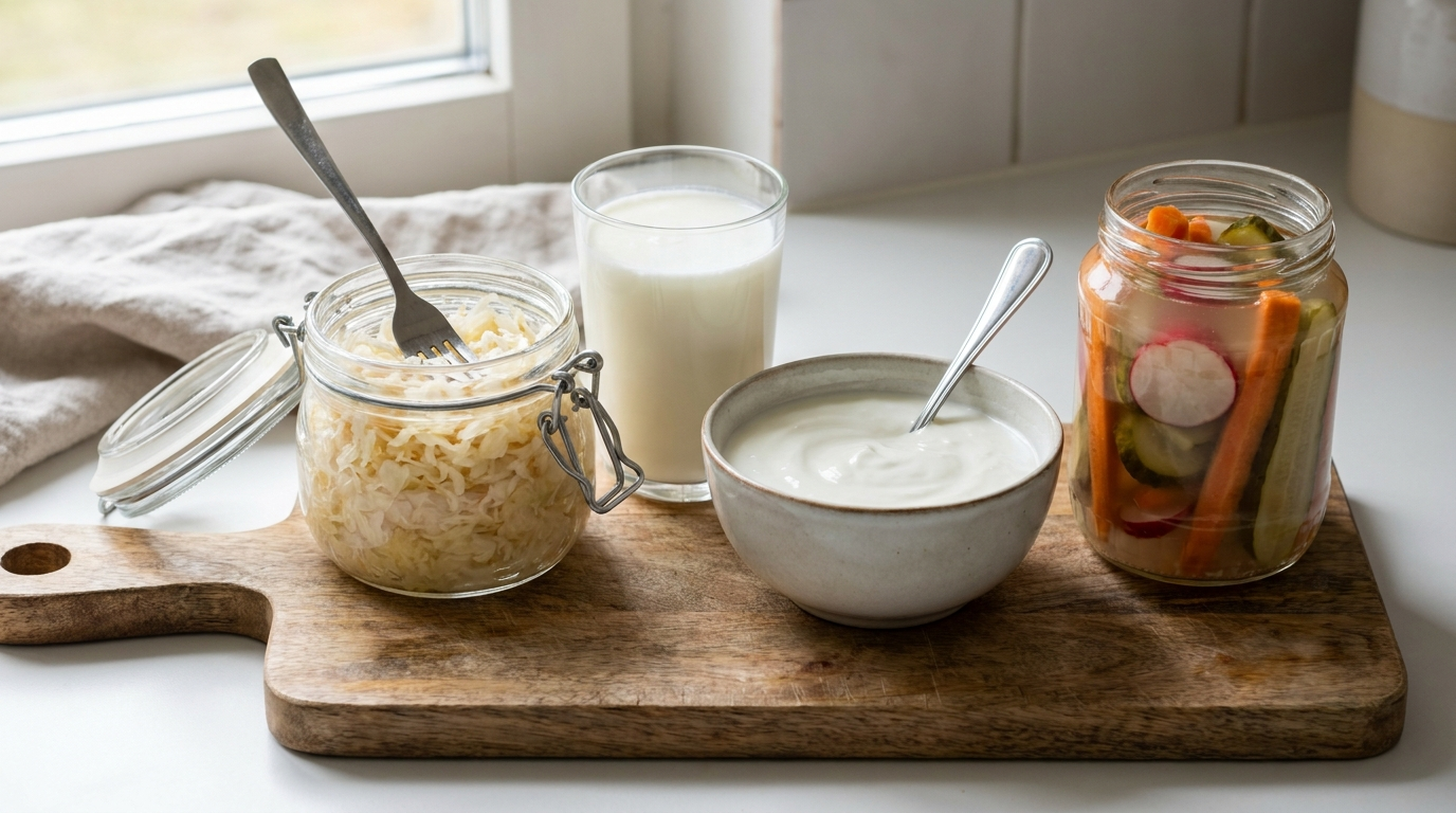 Sauerkraut, Kefir, Naturjoghurt und eingelegtes Gemüse als fermentierte Lebensmittel nebeneinander