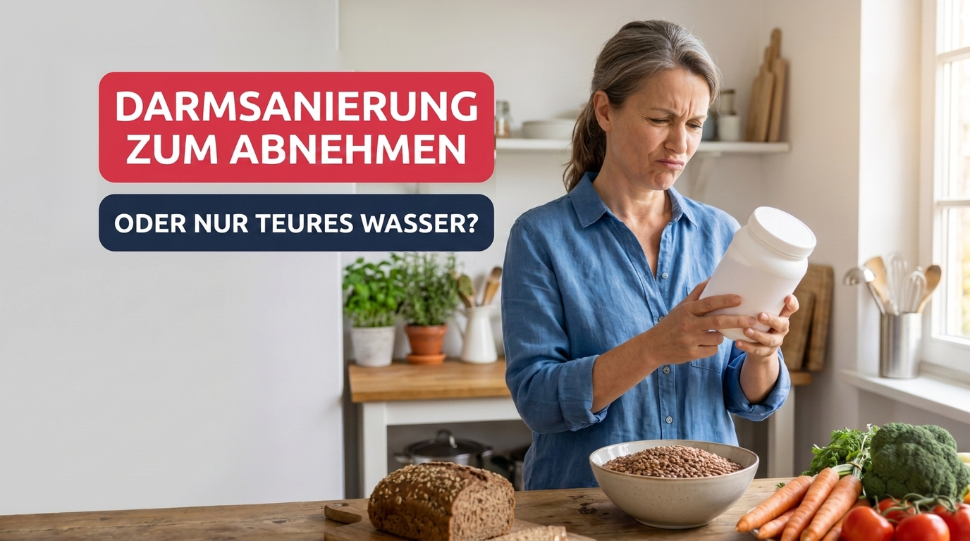 Frau in ihrer Küche betrachtet skeptisch eine Dose Darmkur-Pulver, daneben liegen Linsen, Vollkornbrot und Gemüse