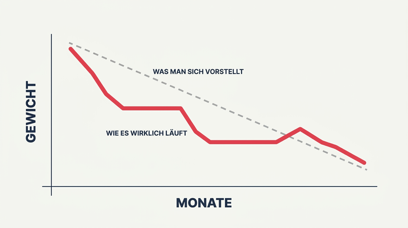 Grafik vergleicht die vorgestellte gerade Abnehmkurve mit dem echten Verlauf voller Plateaus
