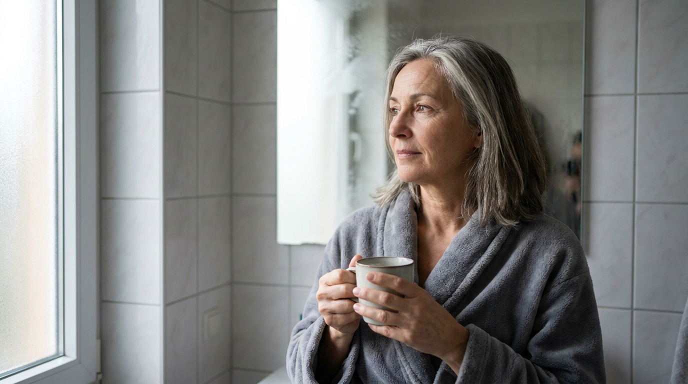 Frau Ende 50 steht morgens mit einer Kaffeetasse im Badezimmer und blickt nachdenklich zum Fenster