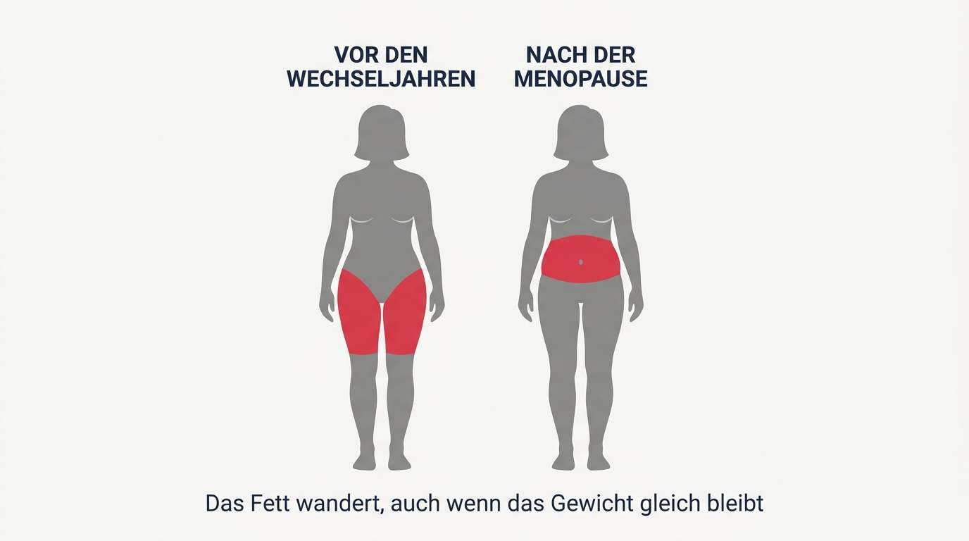 Grafik vergleicht die Fettverteilung vor den Wechseljahren an Hüfte und Oberschenkeln mit der Verlagerung zum Bauch nach der Menopause