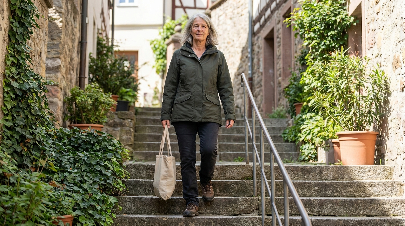 Frau um die 65 geht mit einer Einkaufstasche aufrecht eine Außentreppe hinunter