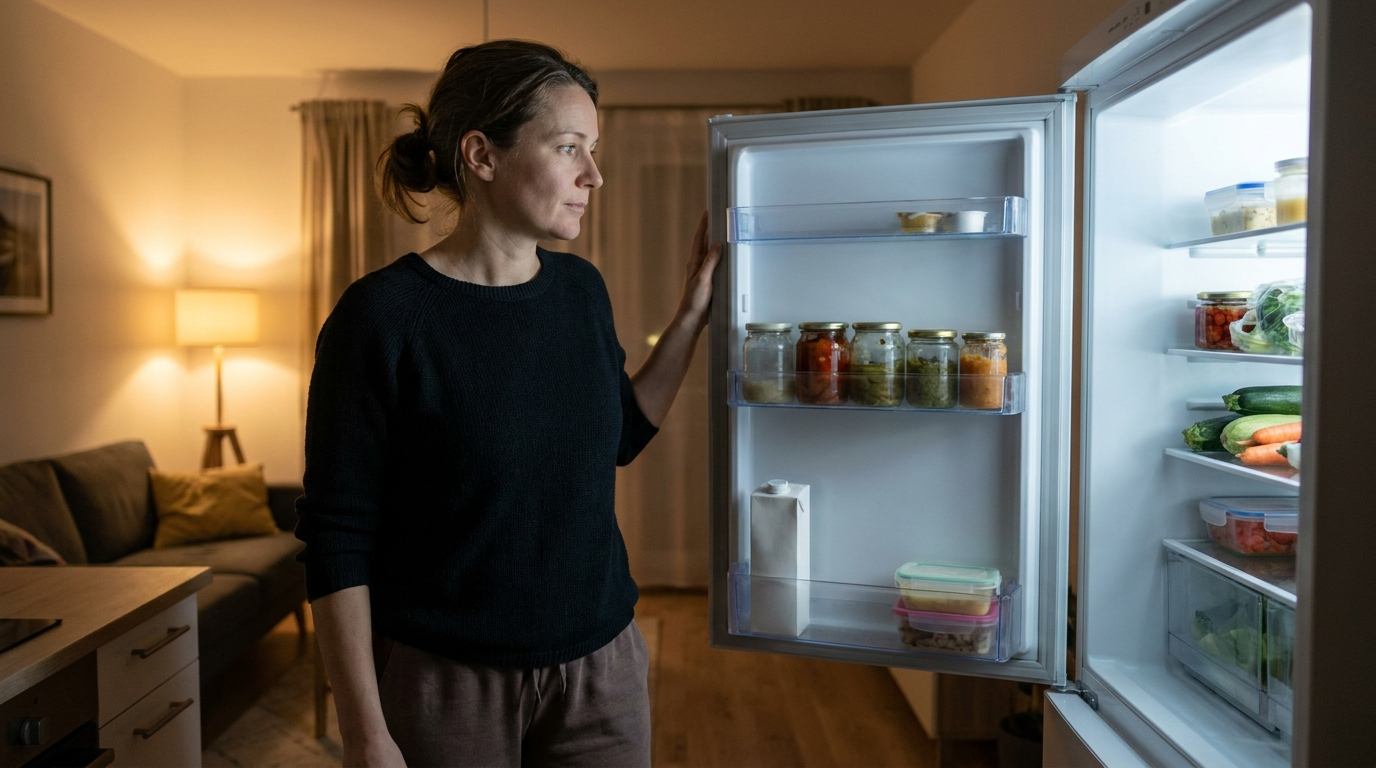 Frau steht abends vor dem offenen Kühlschrank