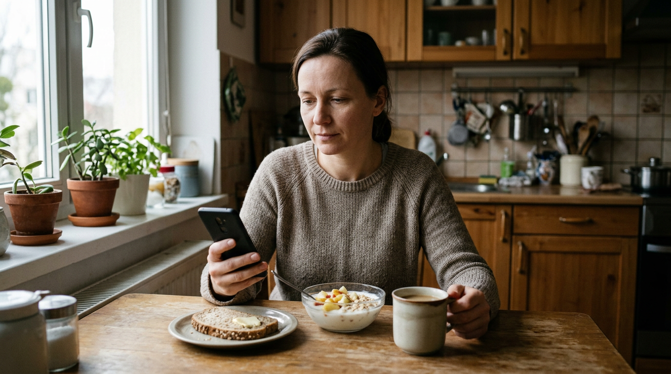 Frau Anfang 40 frühstückt morgens am Küchentisch und schaut auf ihr Handy