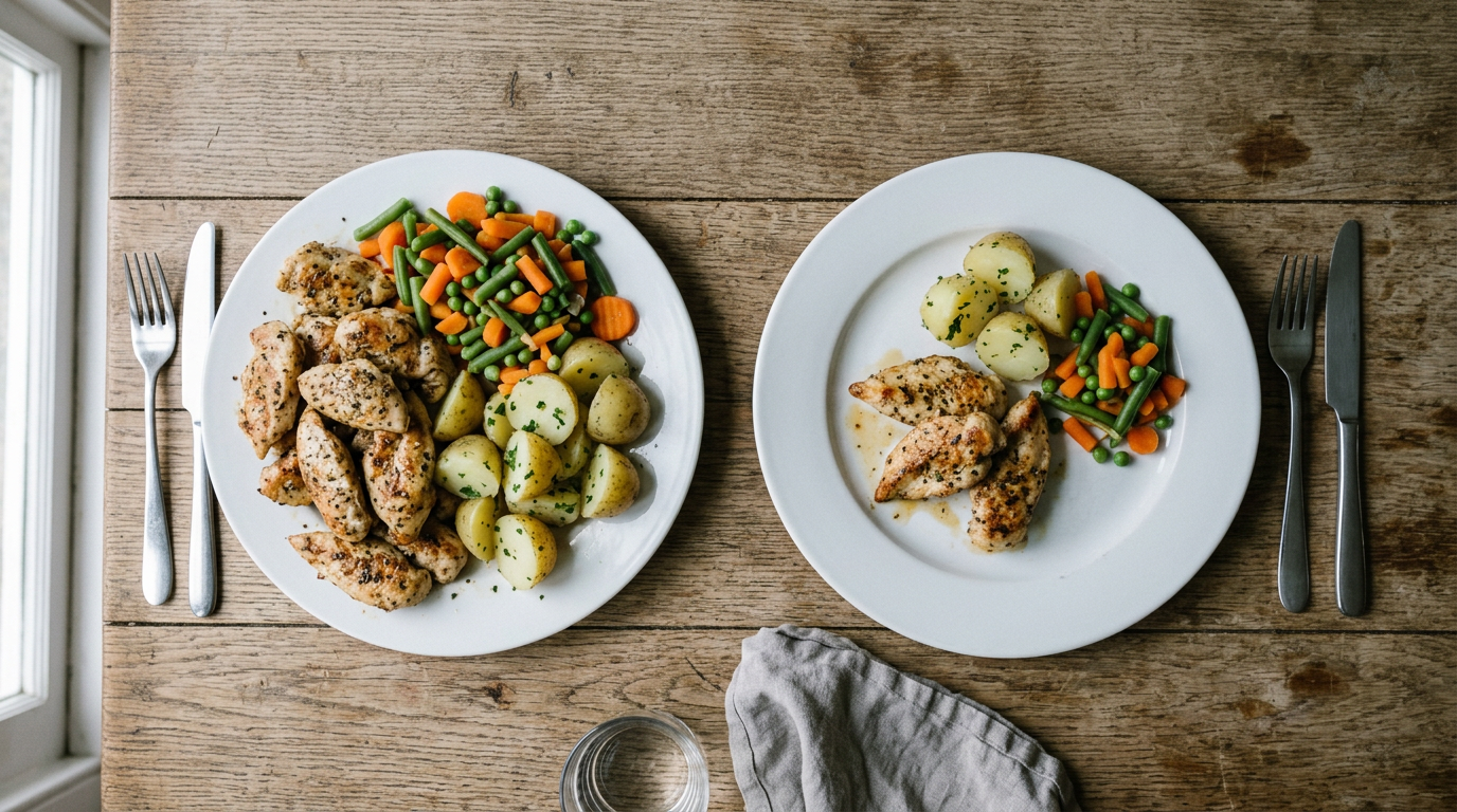 Zwei Teller mit derselben Mahlzeit nebeneinander, einer deutlich voller als der andere