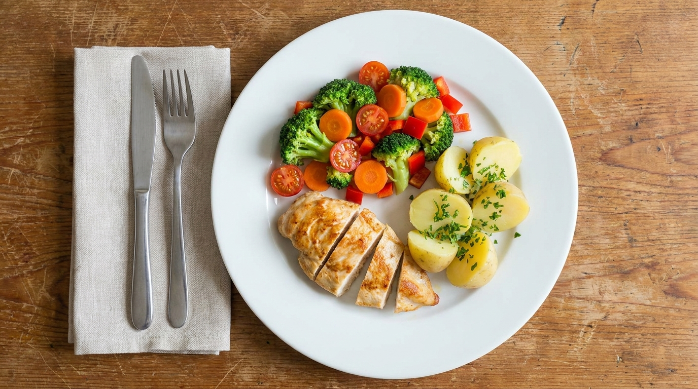 Teller mit Fisch, viel Gemüse und Kartoffeln als eiweißreiche Mahlzeit