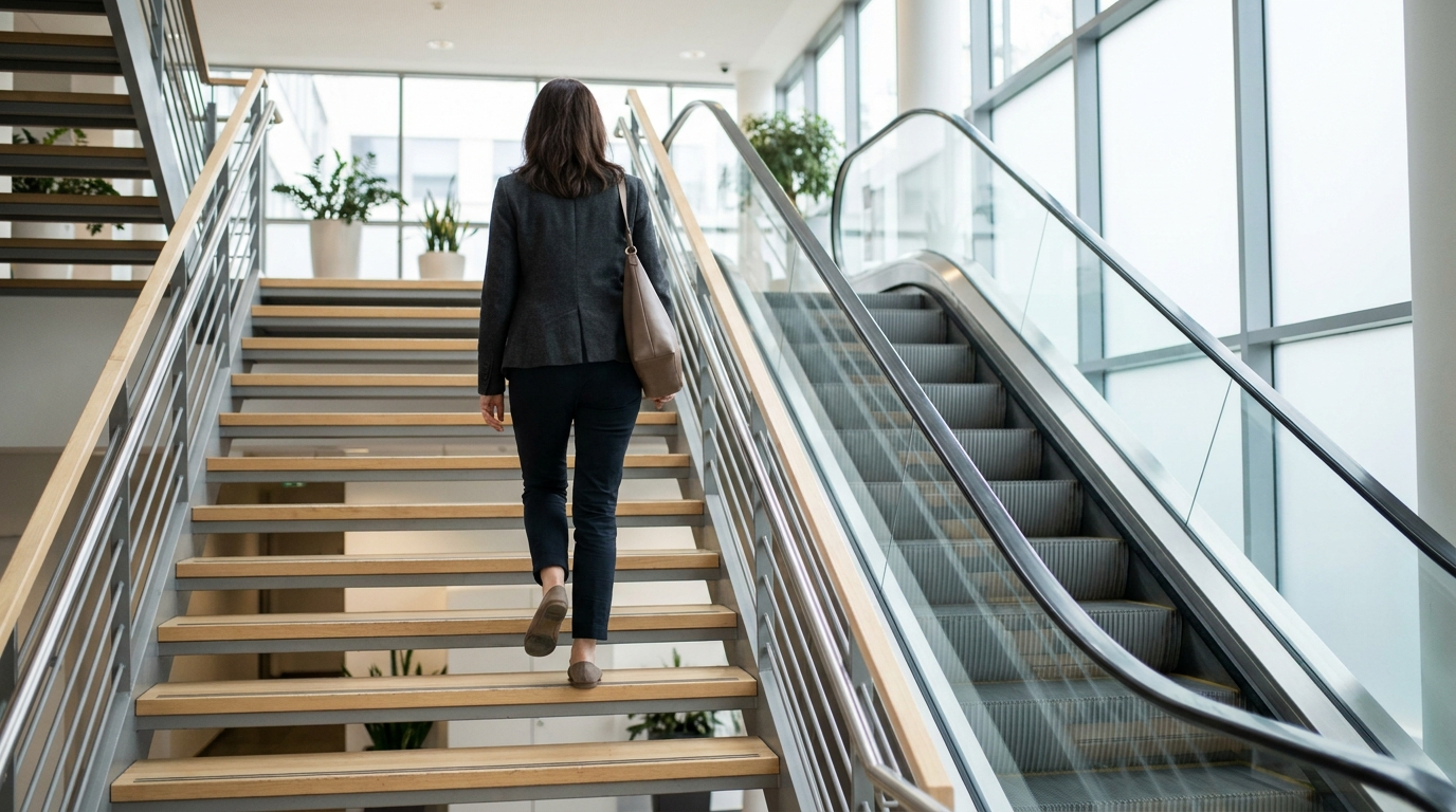 Frau nimmt in einem Gebäude die Treppe statt der Rolltreppe