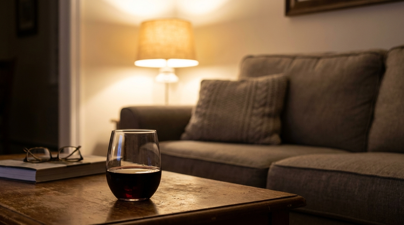 Glas Rotwein auf einem Couchtisch am Feierabend