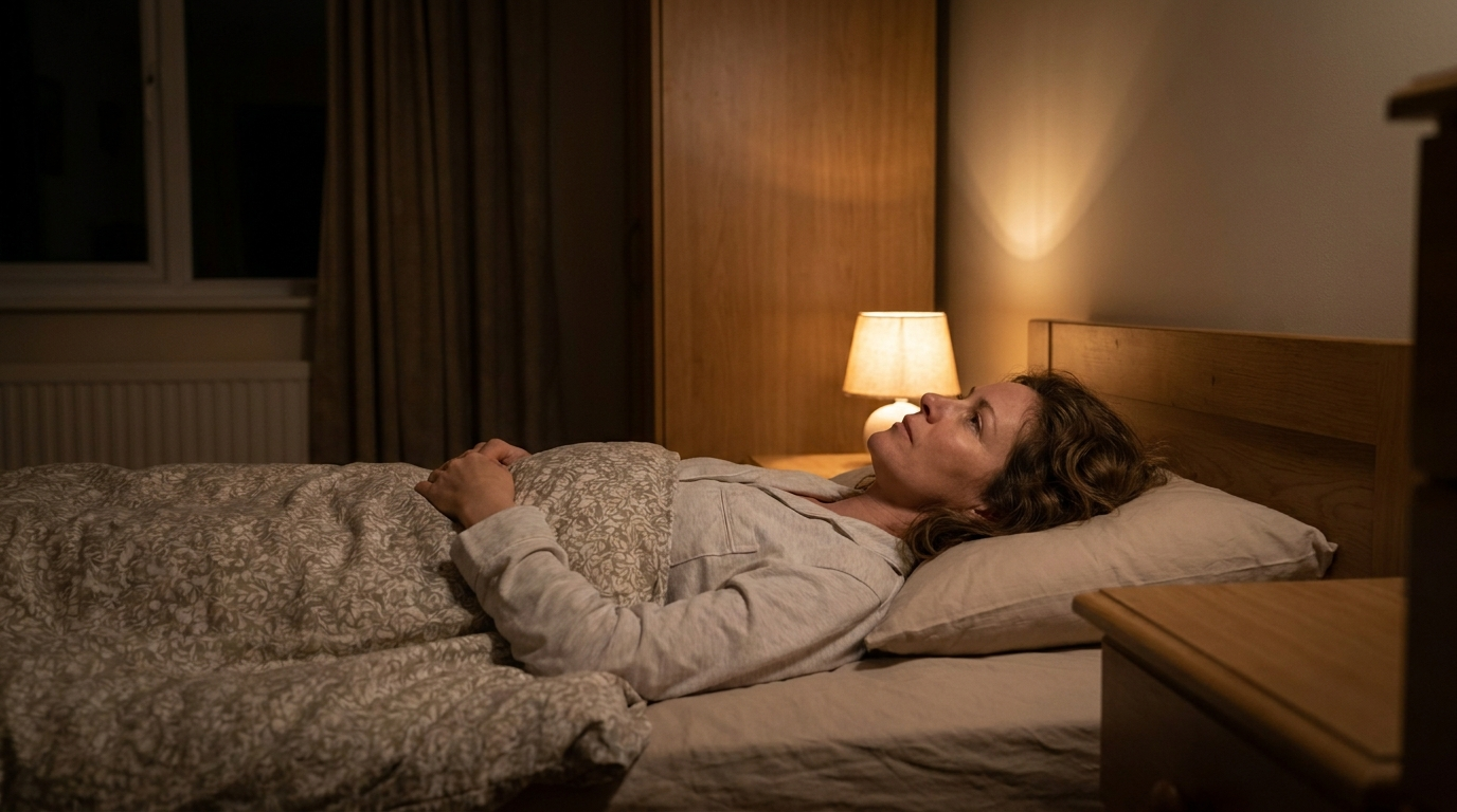 Frau liegt nachts wach im Bett und kann nicht einschlafen