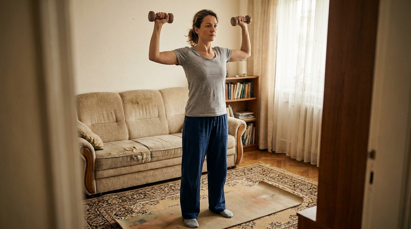 Frau macht zu Hause im Wohnzimmer eine Kraftübung mit zwei Kurzhanteln