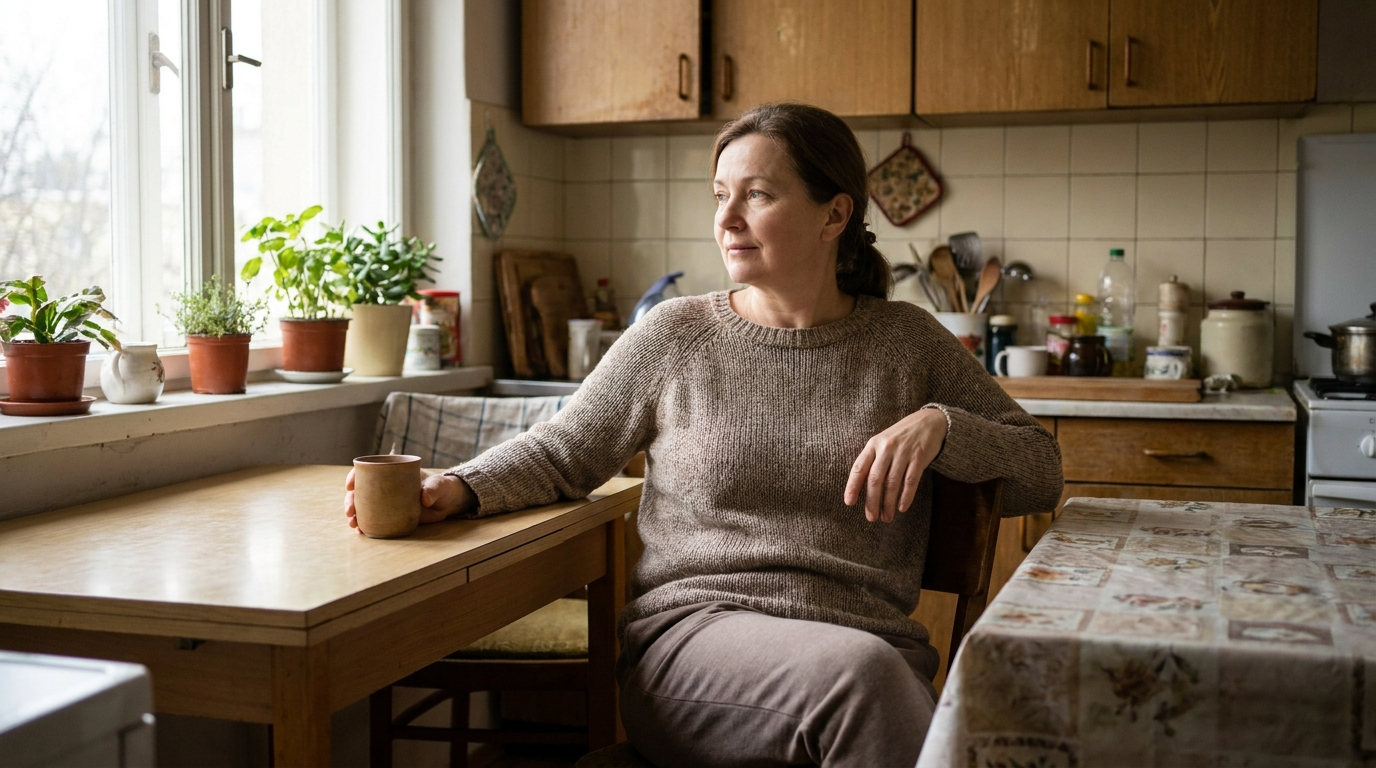 Frau Anfang 50 sitzt morgens nachdenklich mit einer Tasse Kaffee am Küchentisch