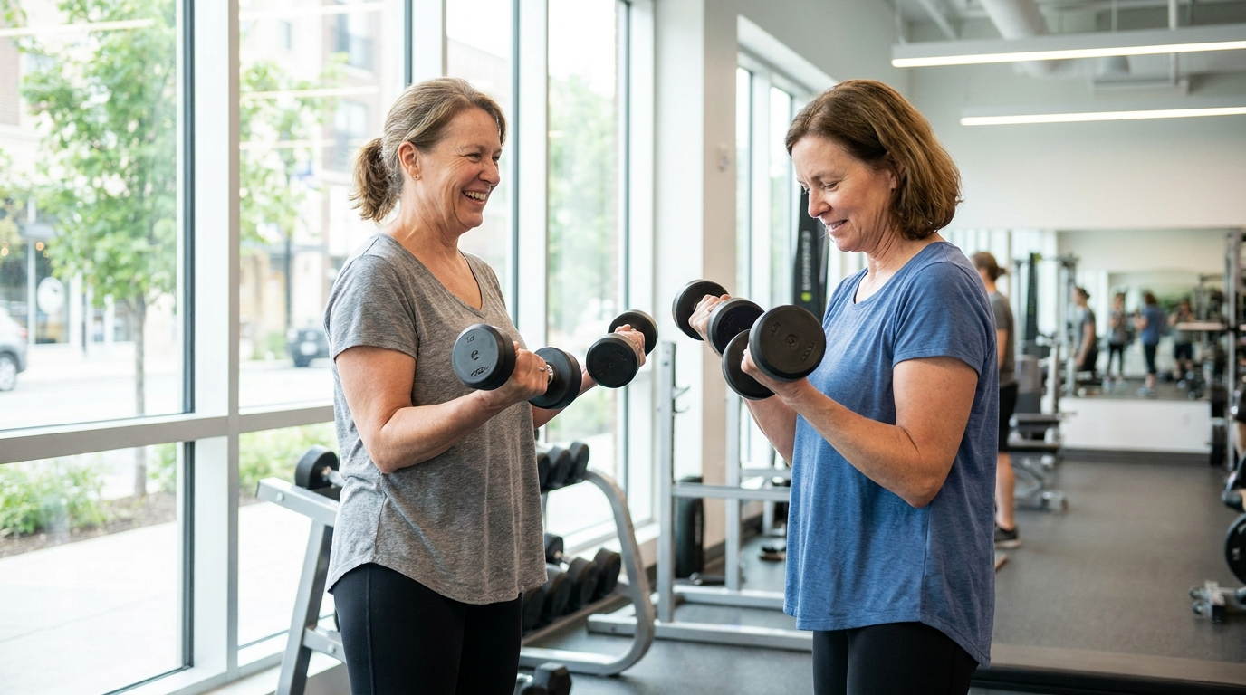Zwei Frauen zwischen 45 und 60 trainieren mit Kurzhanteln im Fitnessstudio