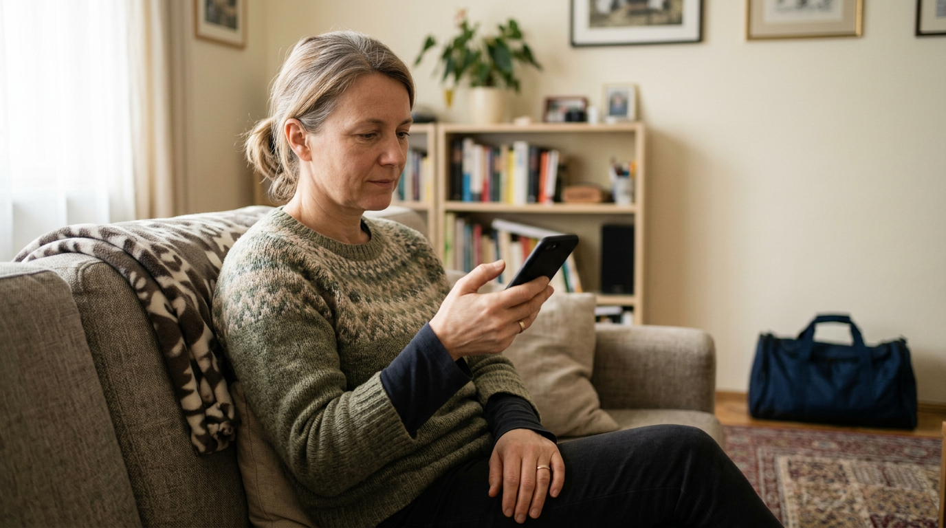 Frau Ende 40 sitzt auf dem Sofa und liest etwas auf ihrem Handy