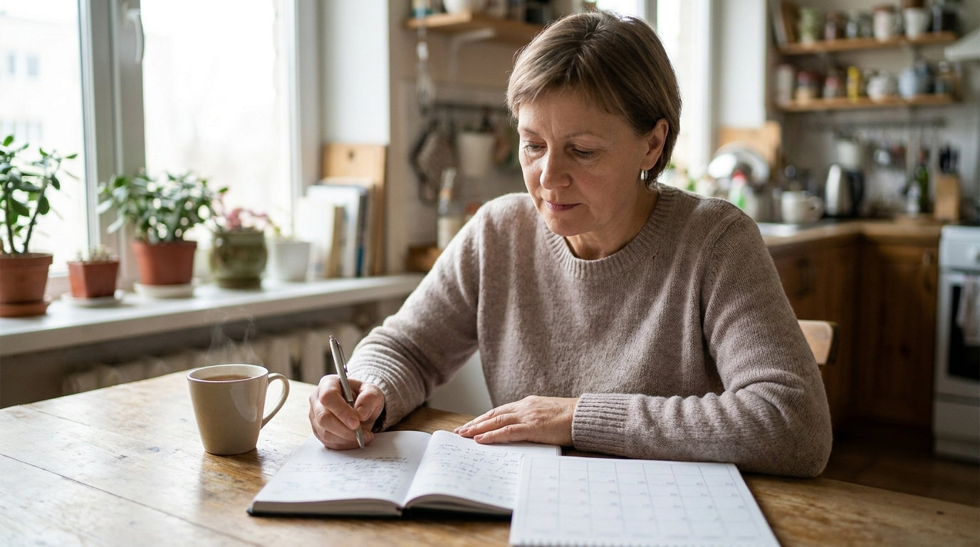 Frau um die 50 plant am Küchentisch mit Notizbuch und Kalender ihre Woche