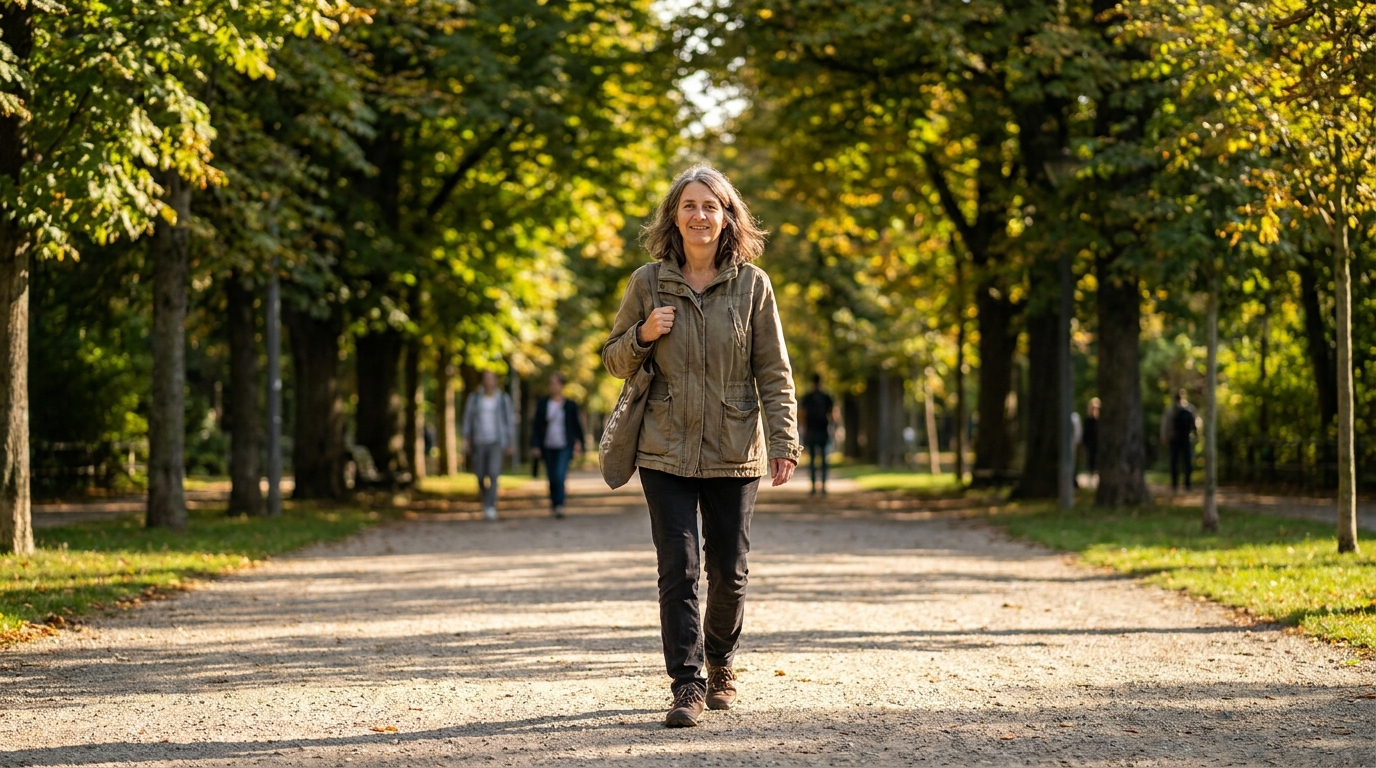 Frau um die 50 geht bei Tageslicht zuversichtlich draußen spazieren