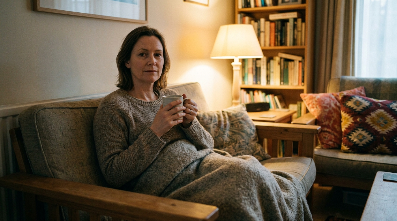 Frau Ende 40 sitzt abends ruhig mit einer Tasse Tee auf dem Sofa
