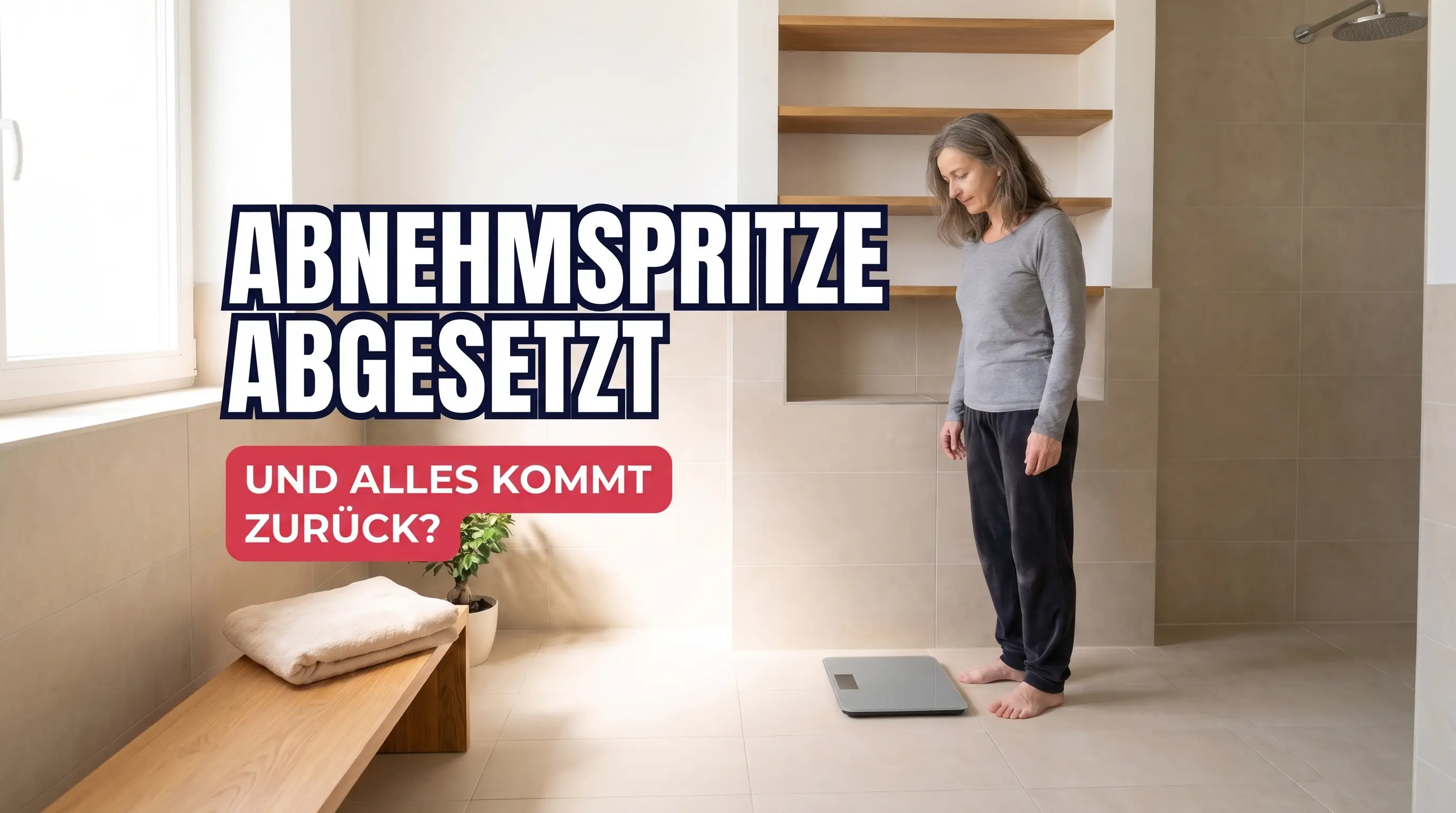 Frau steht barfuß im hellen Badezimmer auf einer Personenwaage und blickt nach unten
