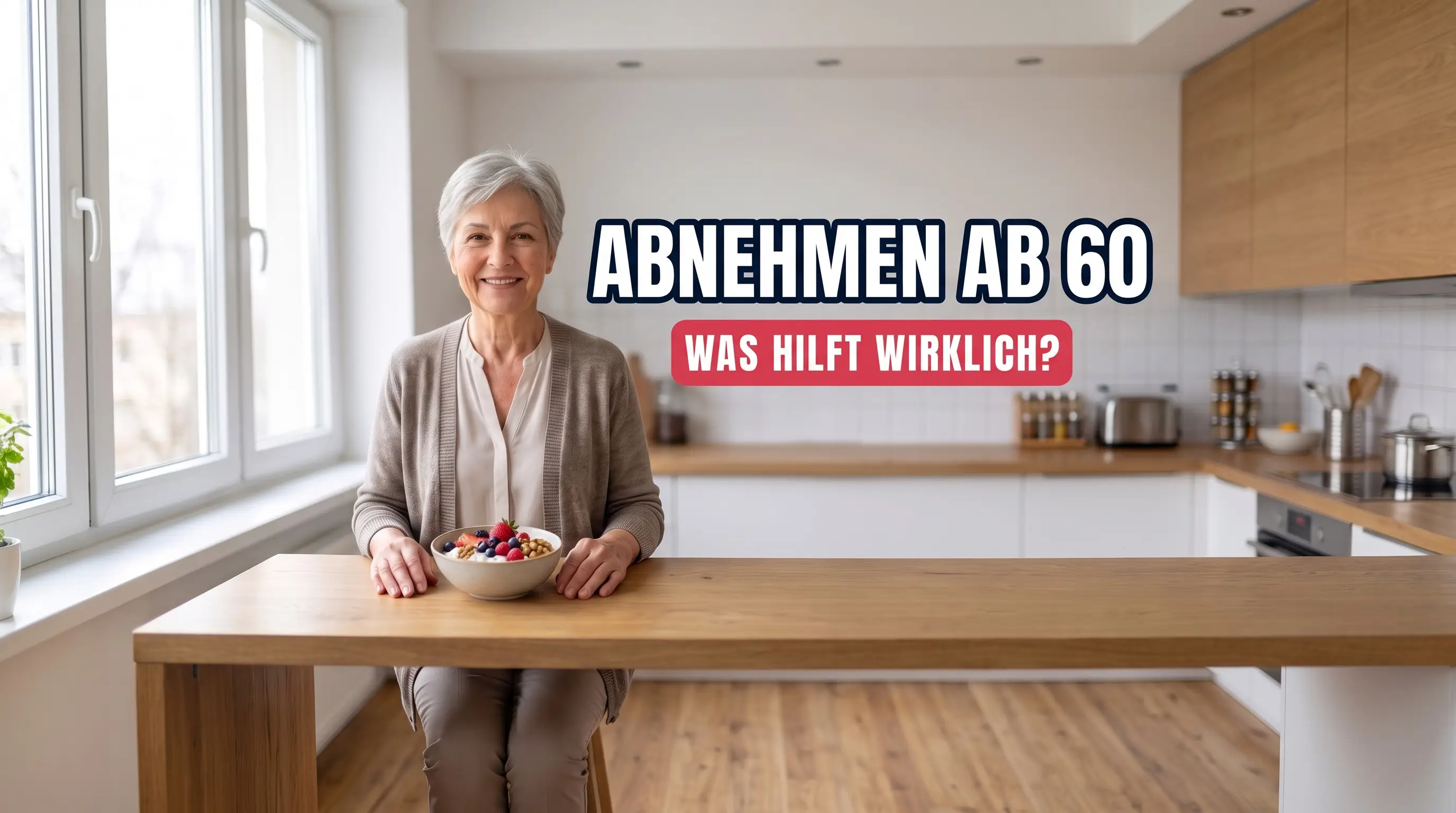 Frau um die 65 in ihrer Küche vor einem Teller mit Quark und Beeren, Titelbild zum Thema Abnehmen ab 60