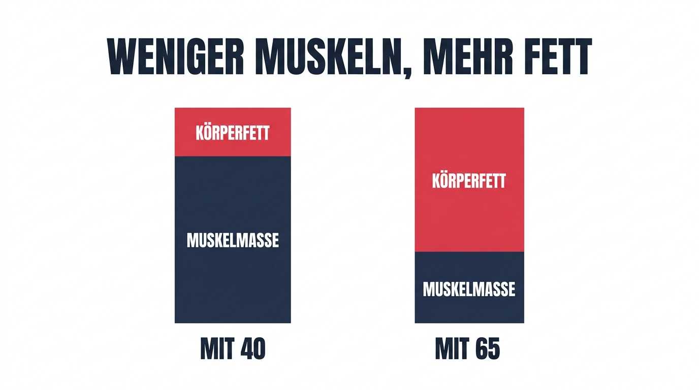 Grafik zum Vergleich von Muskelmasse und Körperfett mit 40 und mit 65 Jahren