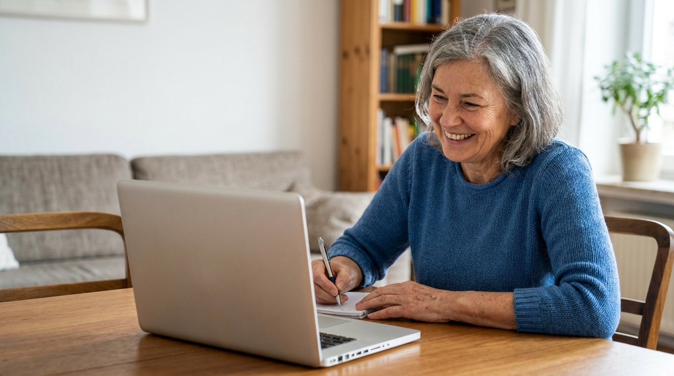 Frau um die 65 sitzt zu Hause am Laptop in einem Beratungsgespräch und macht sich eine Notiz