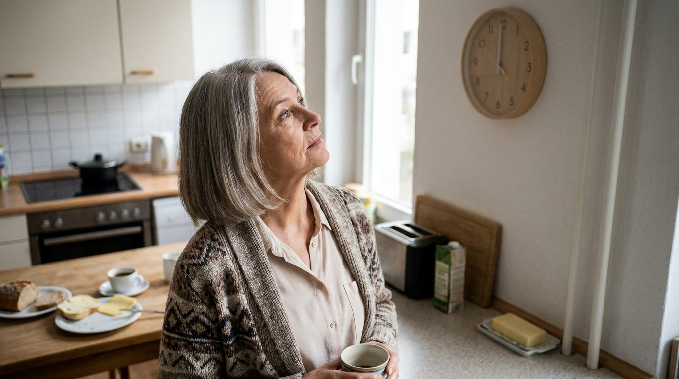Frau um die 64 schaut in ihrer Küche abwägend auf die Uhr, das Frühstück steht bereit