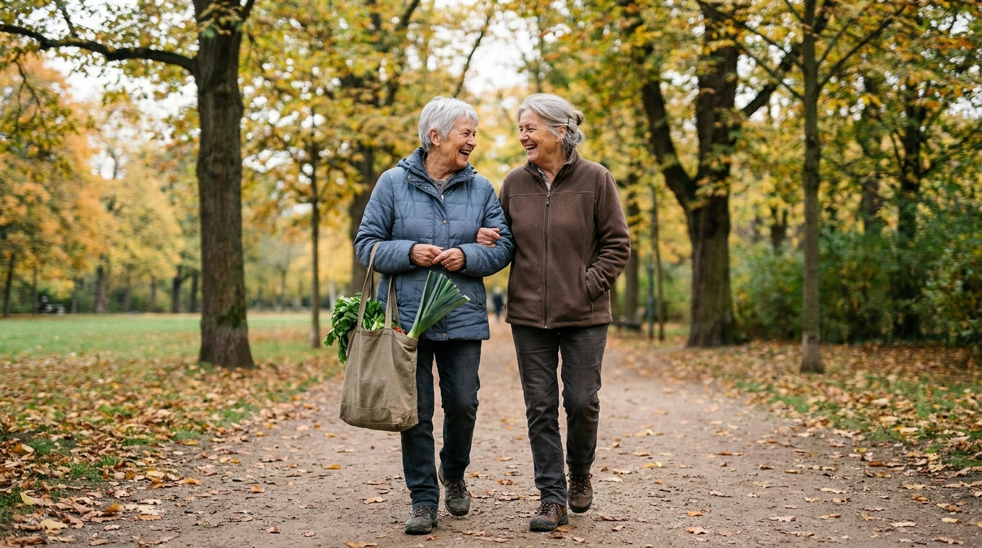 Zwei Frauen um die 65 und 70 gehen lachend im Freien, eine trägt einen Stoffbeutel mit Gemüse