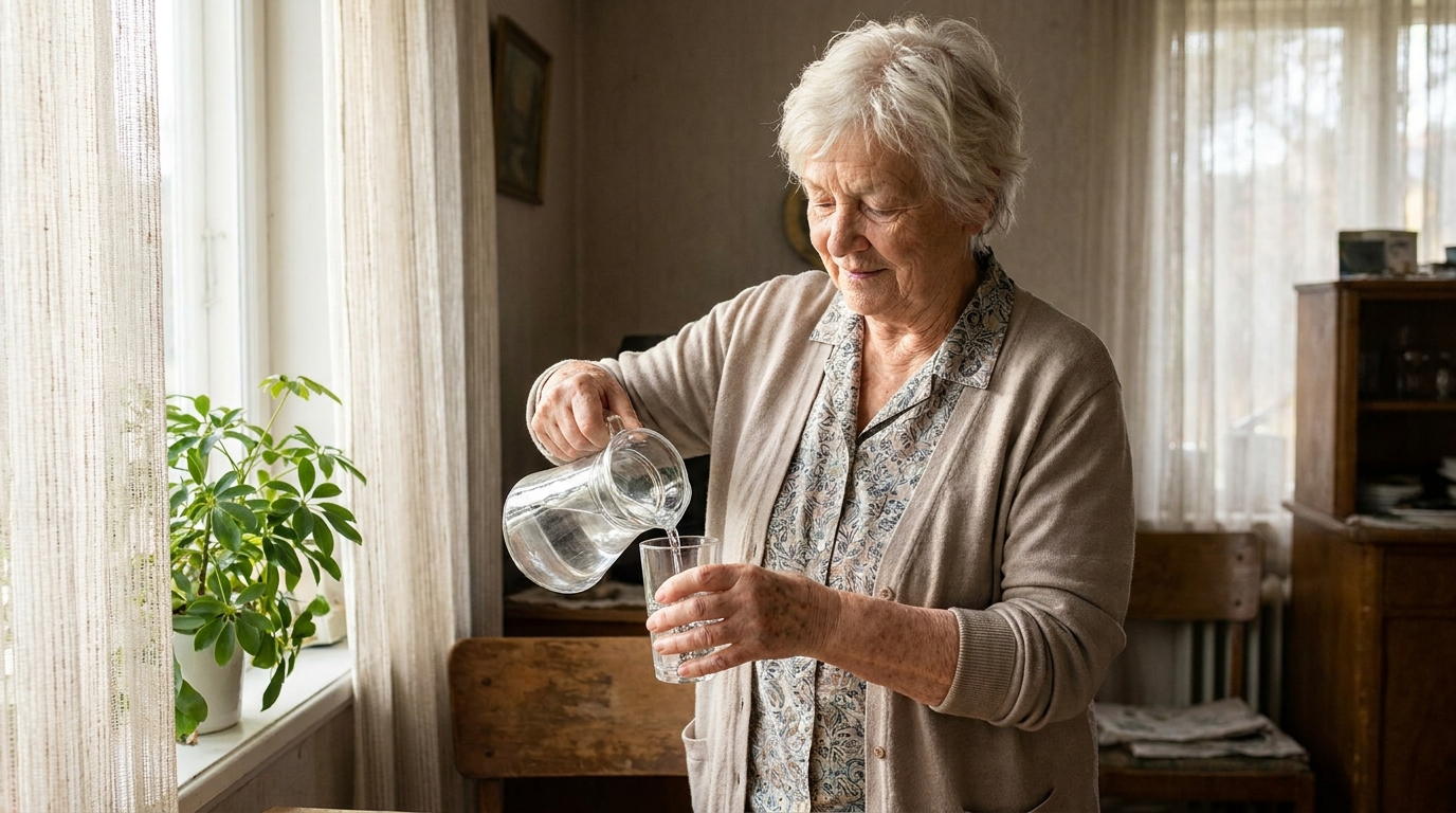 Frau um die 71 gießt sich am Fenster ein Glas Wasser aus einer Karaffe ein