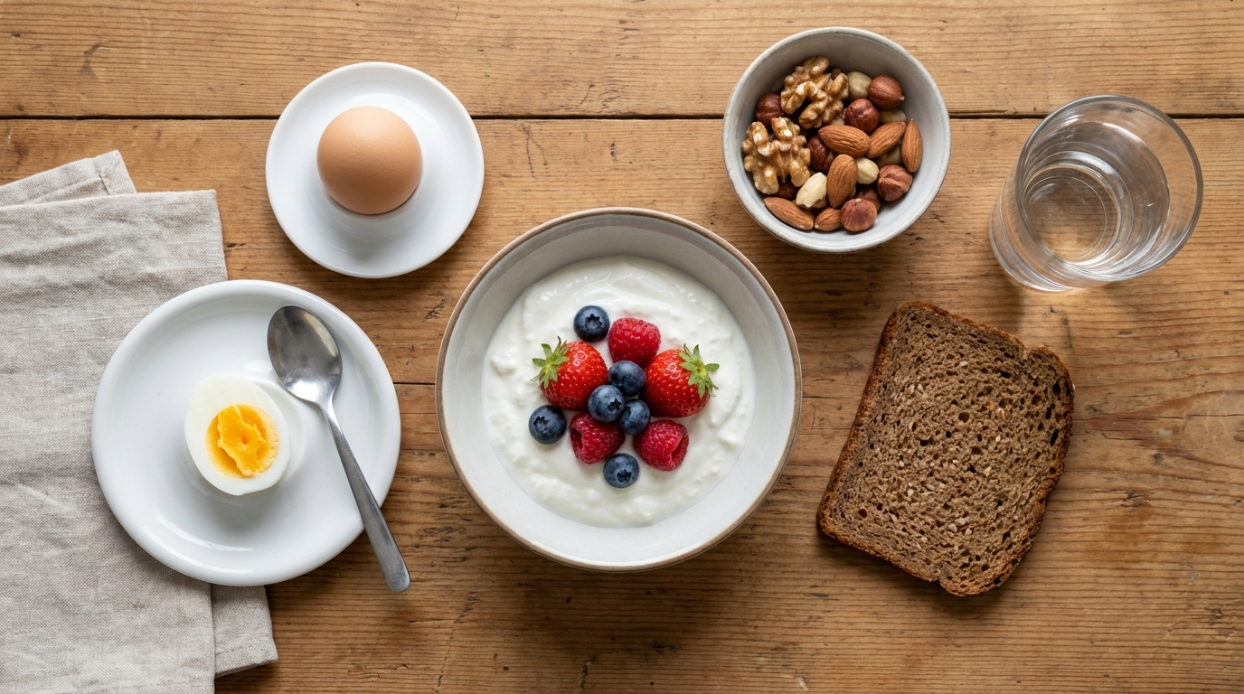 Frühstückstisch mit Quark, Beeren, Ei, Nüssen und Vollkornbrot als Eiweißquellen