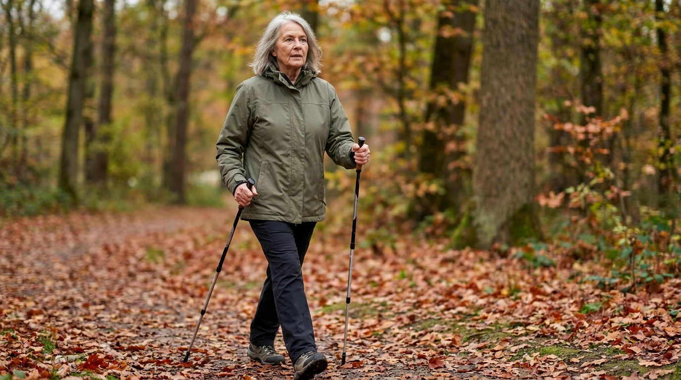 Frau um die 69 geht zügig mit Nordic-Walking-Stöcken über einen herbstlichen Waldweg