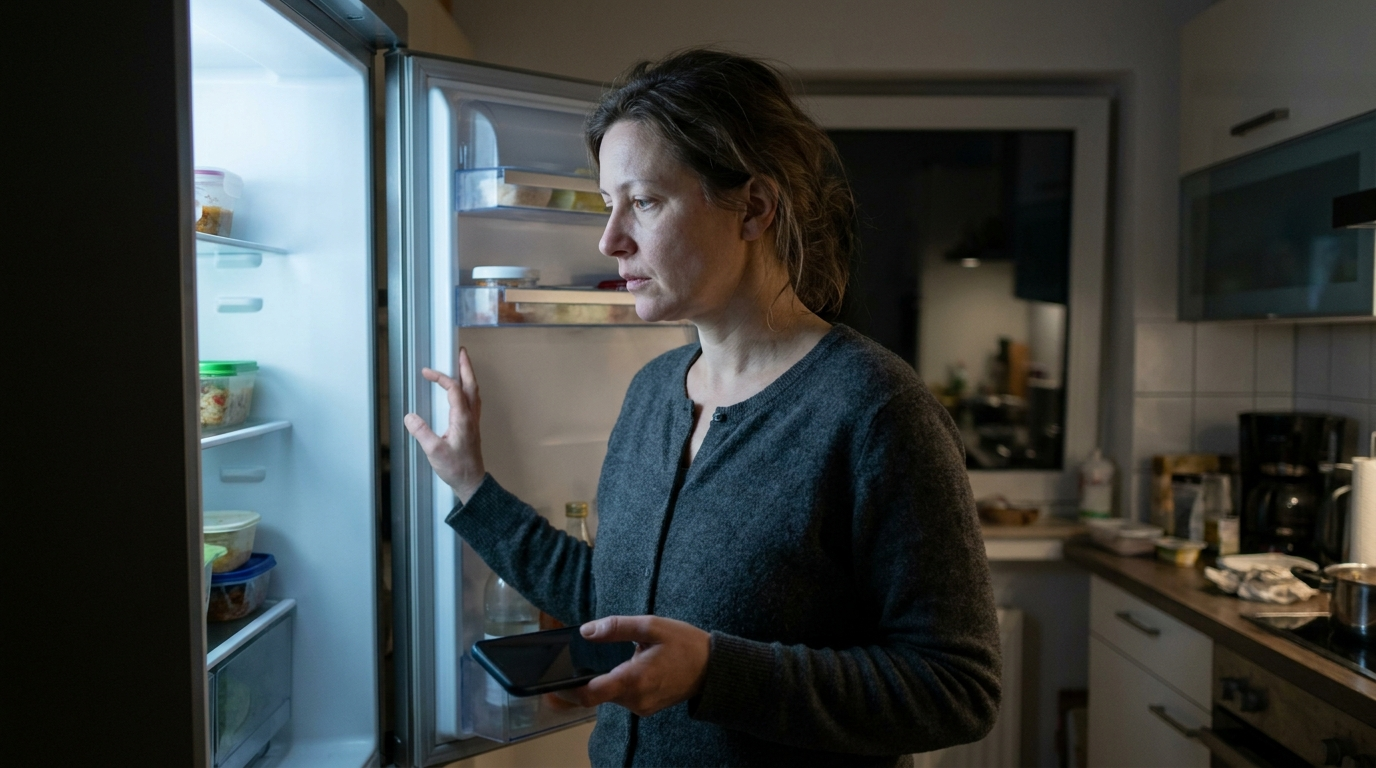 Müde Frau steht abends unentschlossen vor dem offenen Kühlschrank