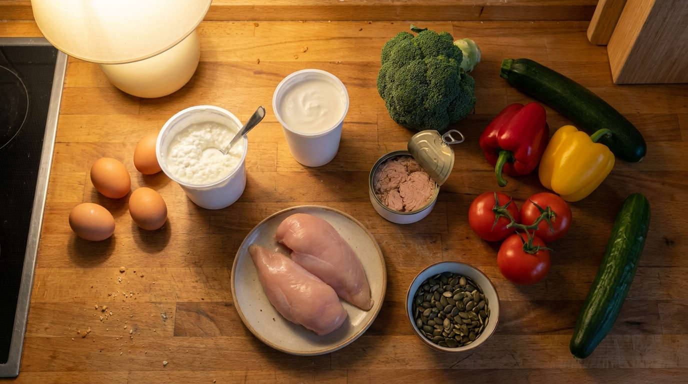 Küchenarbeitsplatte mit Eiern, Hüttenkäse, Skyr, Hähnchen, frischem Gemüse und Kürbiskernen